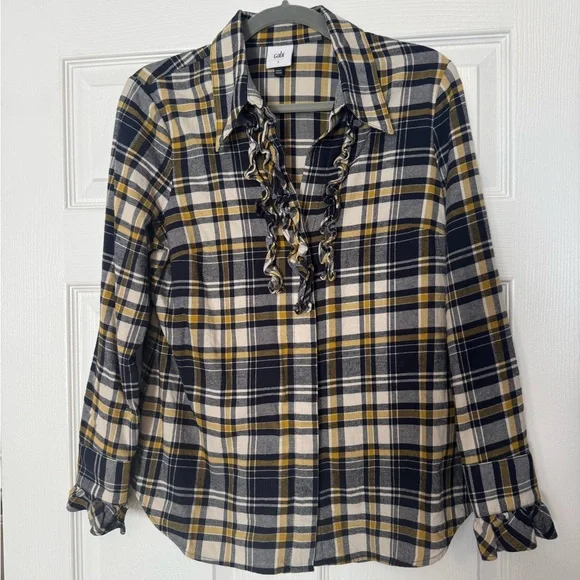 Cabi Seattle shirt Plaid Ruffle Women's Top - Navy and Yellow - Picture 2 of 3
